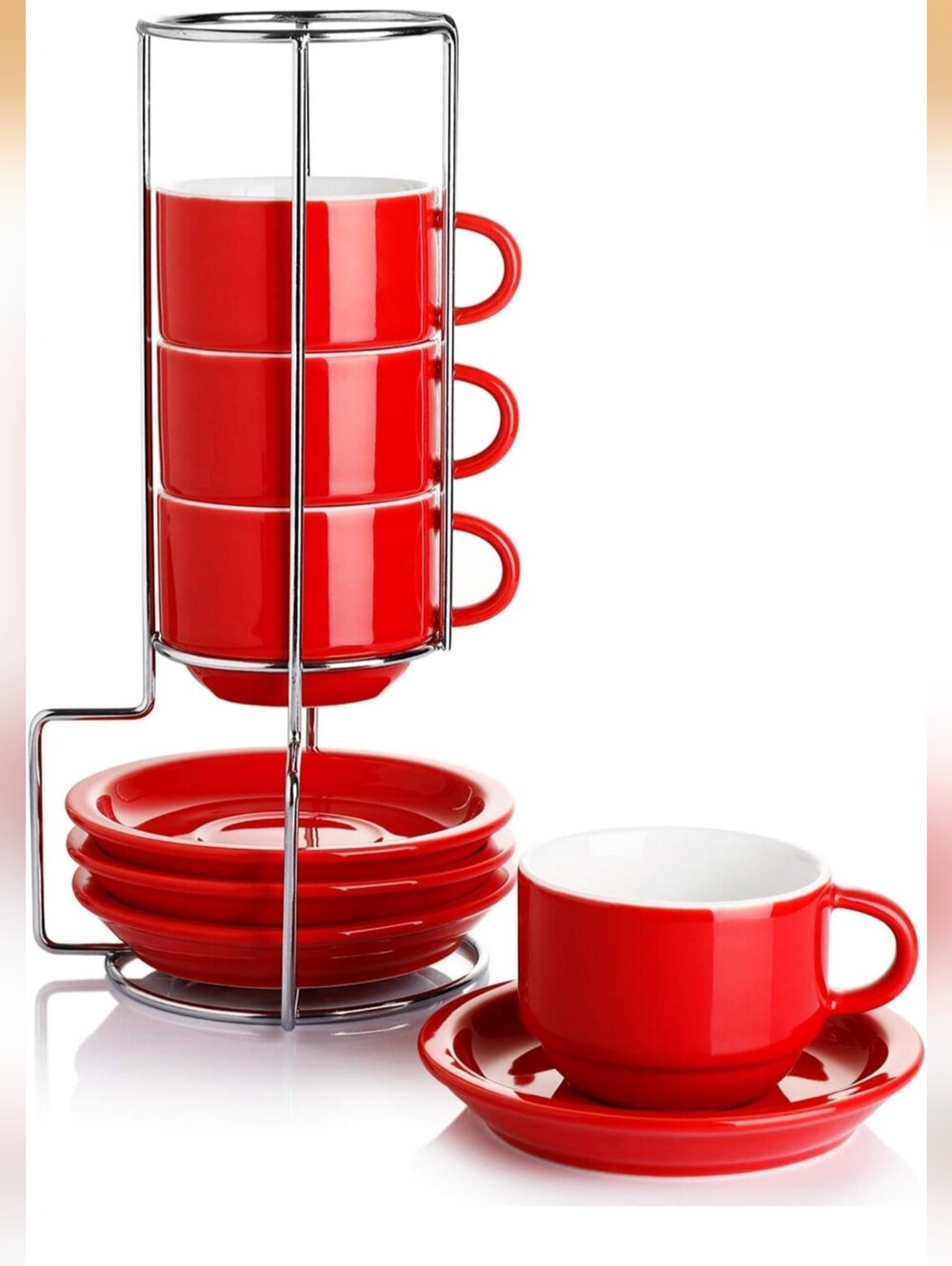 Red Espresso Ceramic Tea Cup and Saucer Set with Chrome Stand